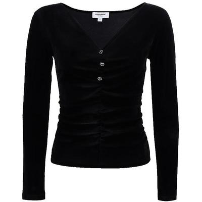 Women's Velvet V-Neck T-Shirt with Heart Buttons and Pleats