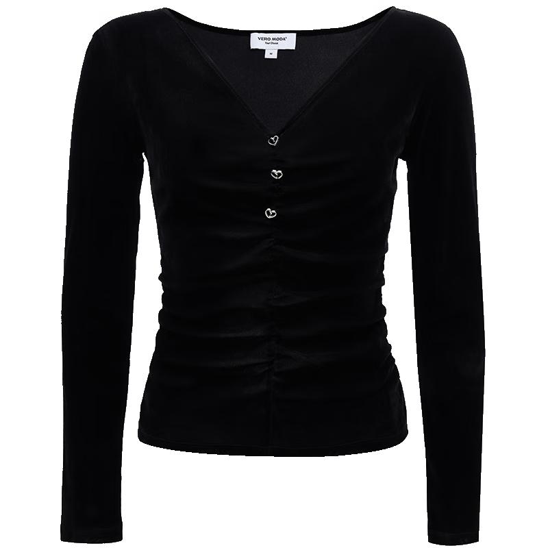 VEROMODA Women's Velvet V-Neck T-Shirt with Heart Buttons and Pleats