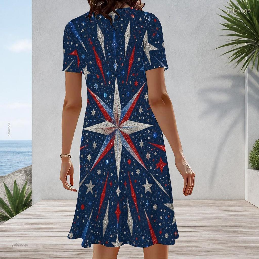 Women Plus Size White Round Neck Short Sleeve Star Printed A Line Midi Dress