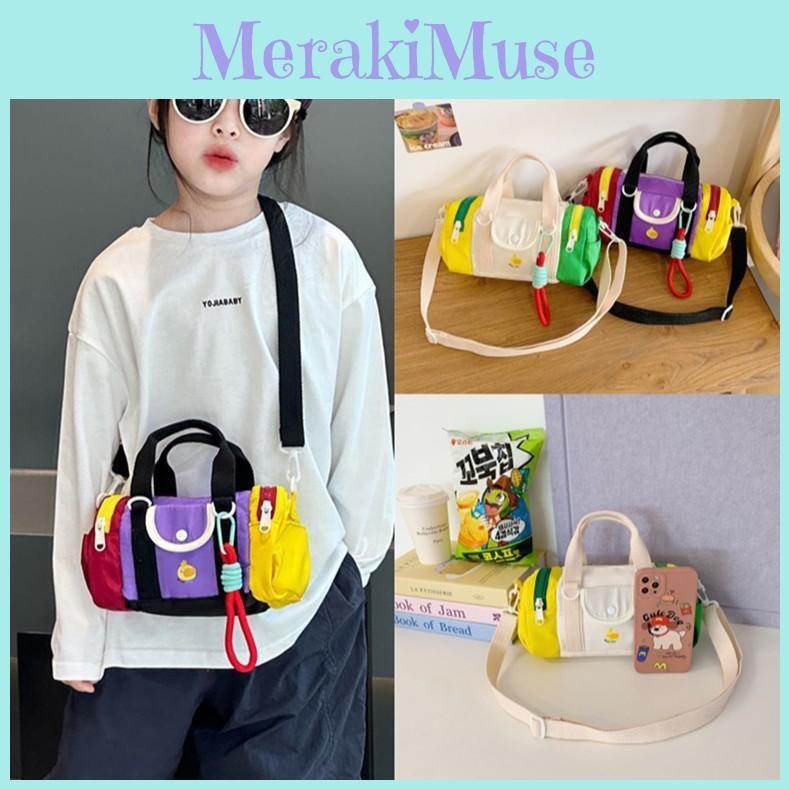 Blocking Design Color Kid Casual Single Shoulder Cylindrical Bag With Pendant