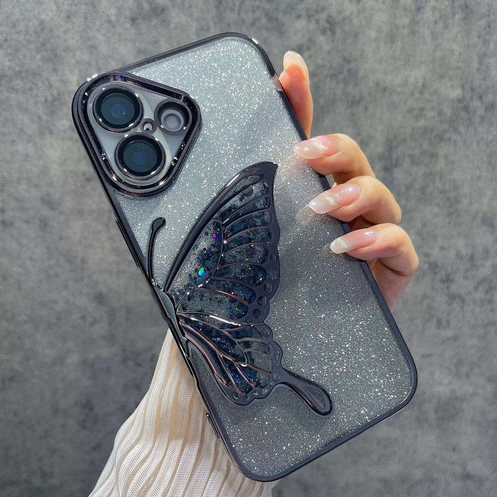 Glitter Quicksand Butterfly Is Suitable for Apple 16ProMax Mobile Phone Case 15 with Its Own Lens Film 14 Advanced Sense 13 Light Luxury