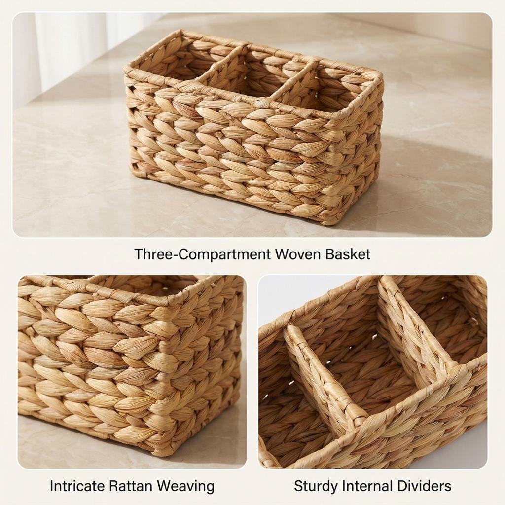 Woven Three Compartment Storage Basket, Storage Basket, Rattan Storage Basket Multifunctional Home Organizer