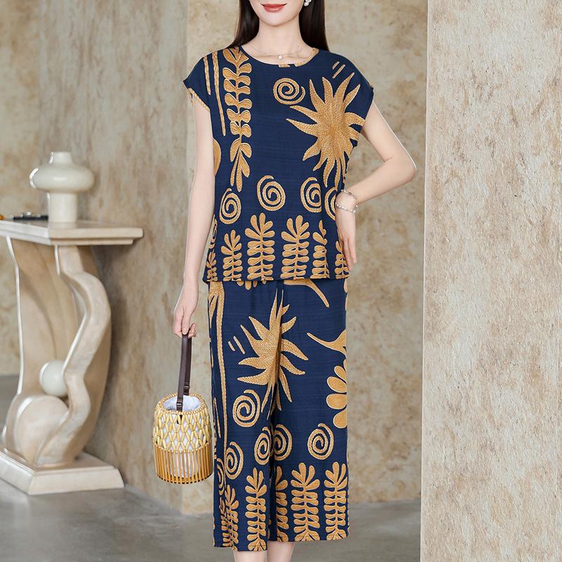 Damen Plus Size Boho-Print 2-teiliges Set, Kurzarm-Oberteil & Capri-Hose (XL-5XL)