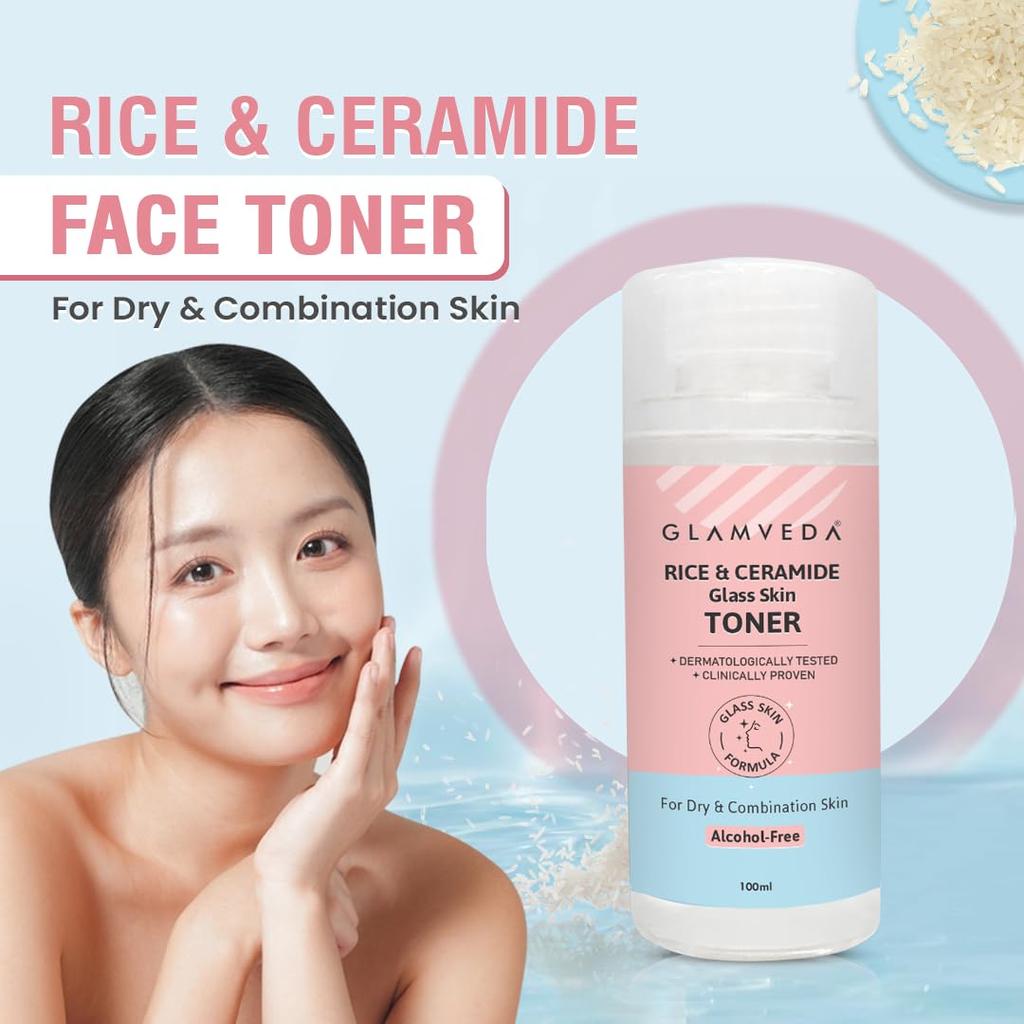 Glamveda Korean Rice & Ceramide Face Toner | Rice Water Toner For Dry & Combination Skin | Pore Tightening & Glowing Skin | Fades Blemishes, Bright