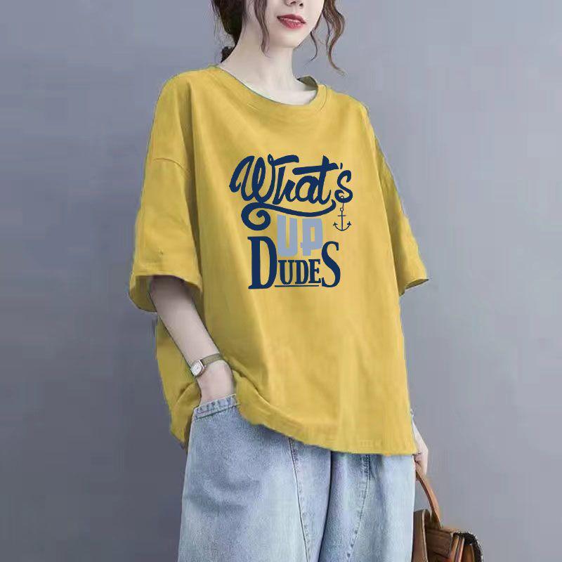 Tops Women Cotton Summer Large Size T-shirt Polo Neck Loose Printed Casual Pullover T-shirt Top