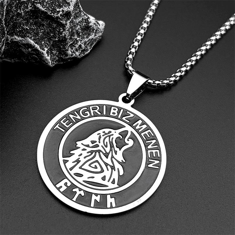 Black Enamel TENGRI BIZ MENEN Wolf Head Rune Stainless Steel Pendant Necklace for Women Men Silver Color Chain Amulet Jewelry