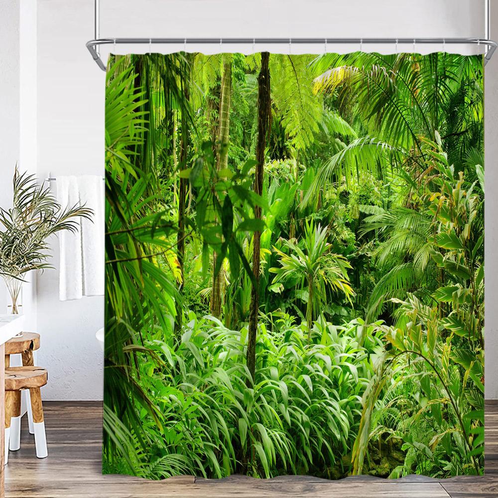 Natürliche Landschaft Wasserfall Wald Duschvorhang Landschaft Grüne Blätter Pflanzen Badezimmer Dekor Polyester Duschvorhang für Zuhause