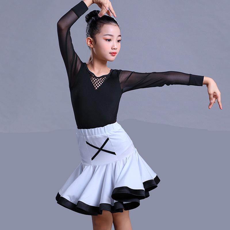 Girls' Exam Grade Latin Dance Costume Set - Long Sleeve Jumpsuit with Skirt for Autumn Practice