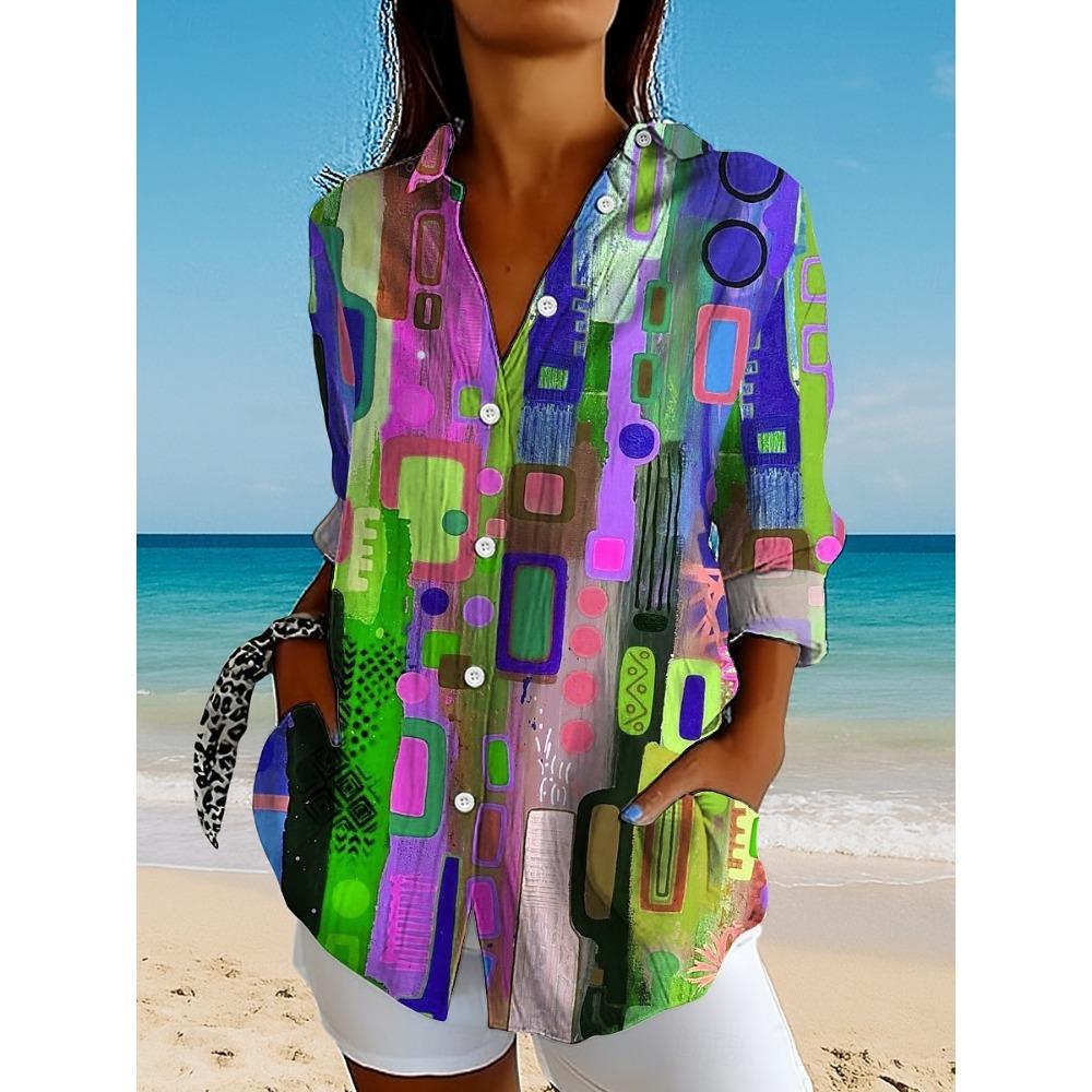 Women's Shirt Graphic Geometric Plaid Vintage Tropical Daily Long Sleeve Shirt Collar Regular Tops Holiday Buttons Print Fall