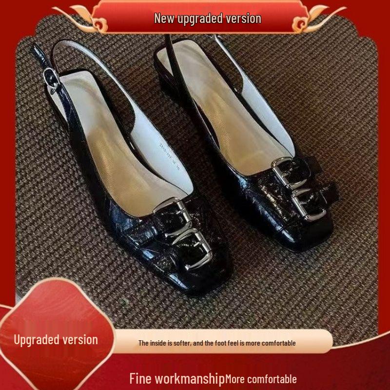 Women's Chunky Heel Leather Sandals: New 2026 French Fashion, Versatile Design with Buckle Strap and Square Toe