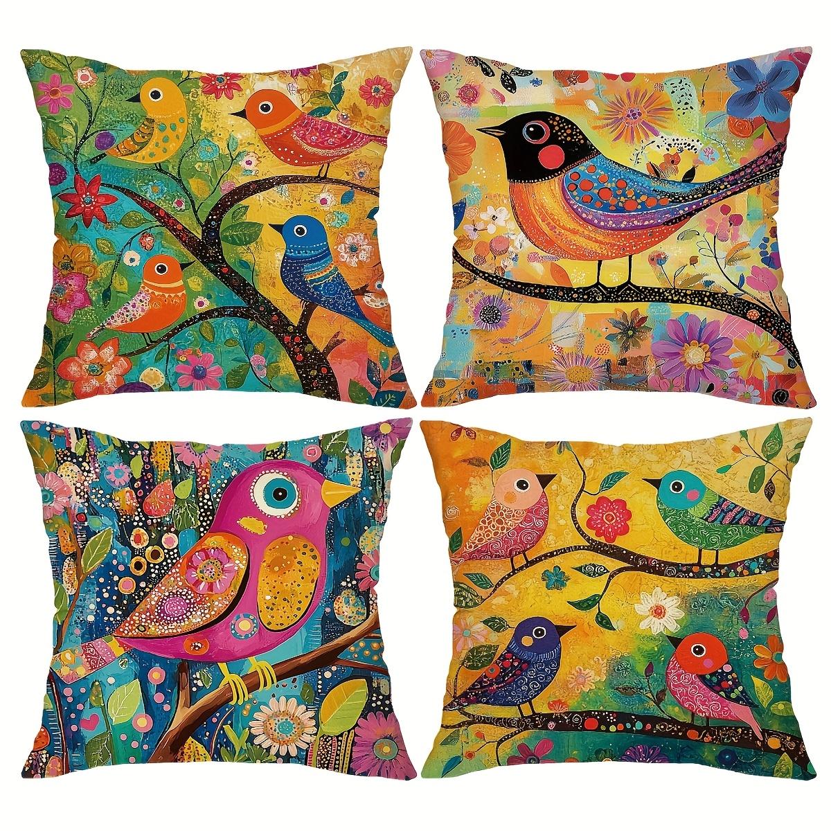 4pcs Vibrant Floral Bird Pillow Covers, Colorful Abstract Modern Print, Polyester Zip Closure, for Living Room Bedroom Decor 35x35cm-4pc