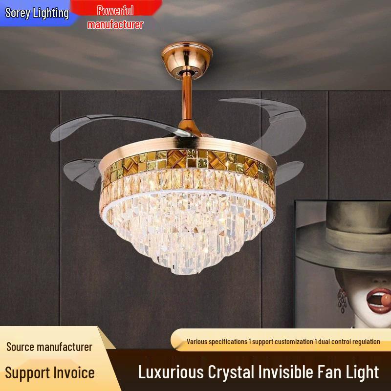 European Light Luxury Crystal Ceiling Fan with Invisible Blades for Living Room, Bedroom, and Restaurant.