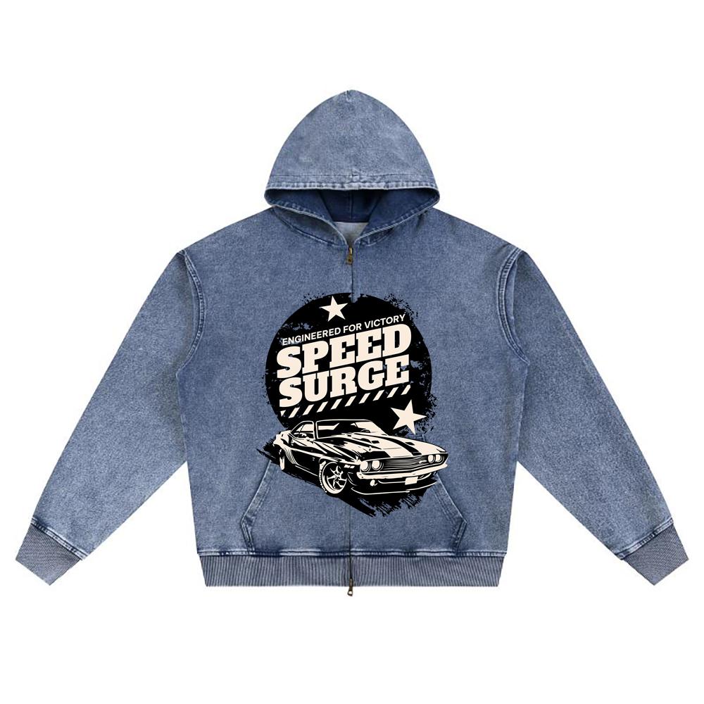 DTG print Knitted Denim Zip-Up Hoodie Speed Surge Brother Print Zipper Hoodies  