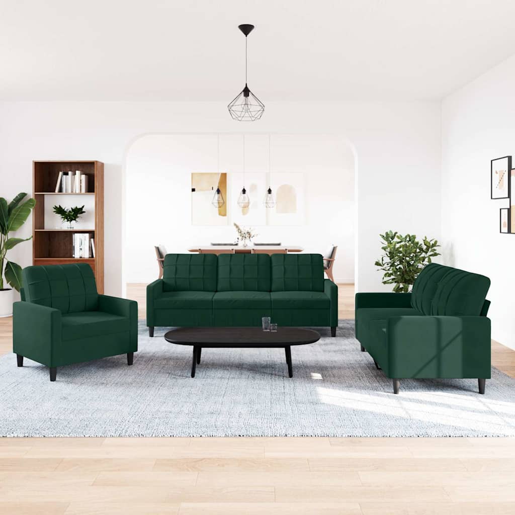 3 Piece Sofa Set with Cushions Dark Green Velvet