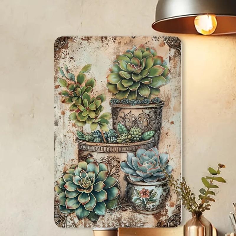 Vintage Metal Succulent Wall Decor 8x12 Inch Iron Foil Art for Kitchen Bar Cafe