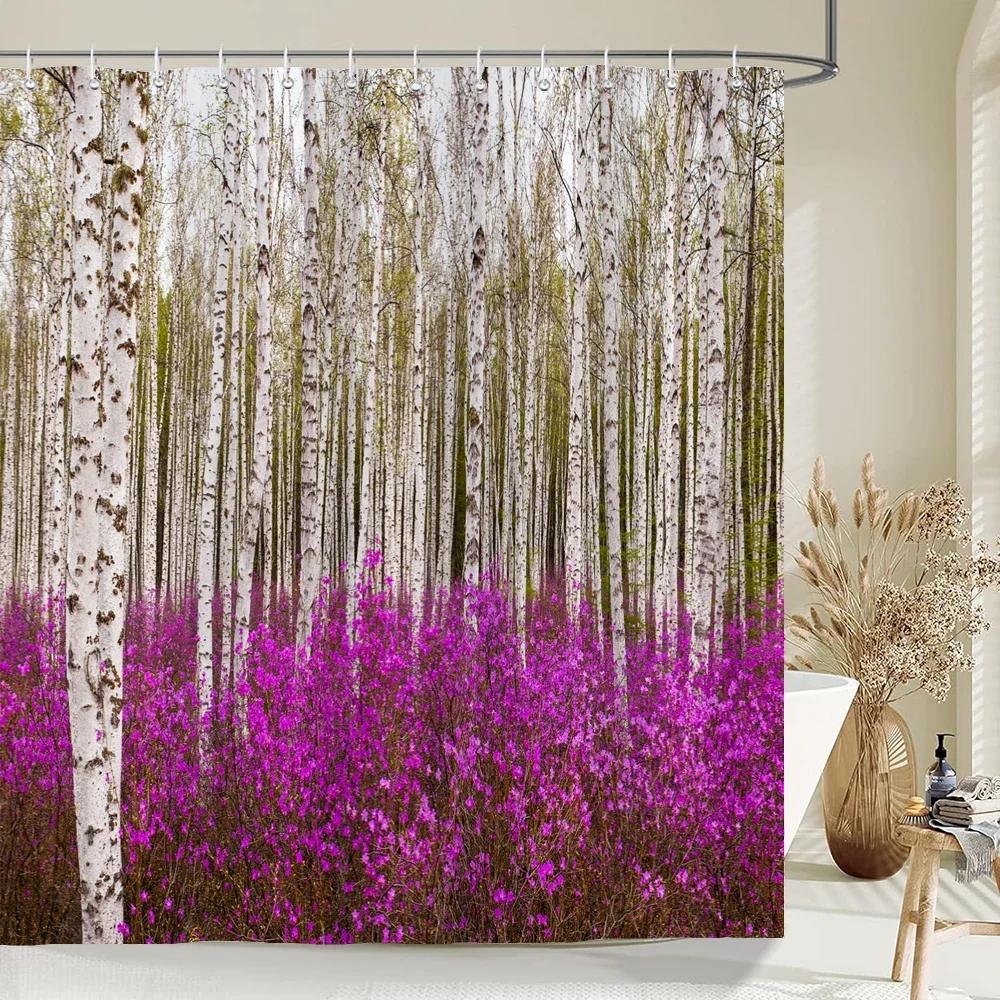 Hochwertiger Birkenwaldstoff Duschvorhang Wasserdicht Naturlandschaft Gedruckte Badevorhänge für Badezimmerdekor mit Haken