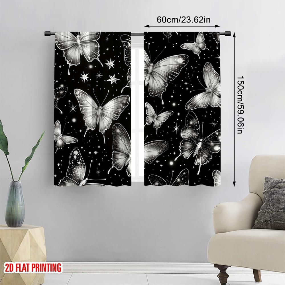 2pcs,2D plane printing Window Curtain Starlit Butterflies Durable 100% Polyester Fabric (without rod) Decorations Inside for