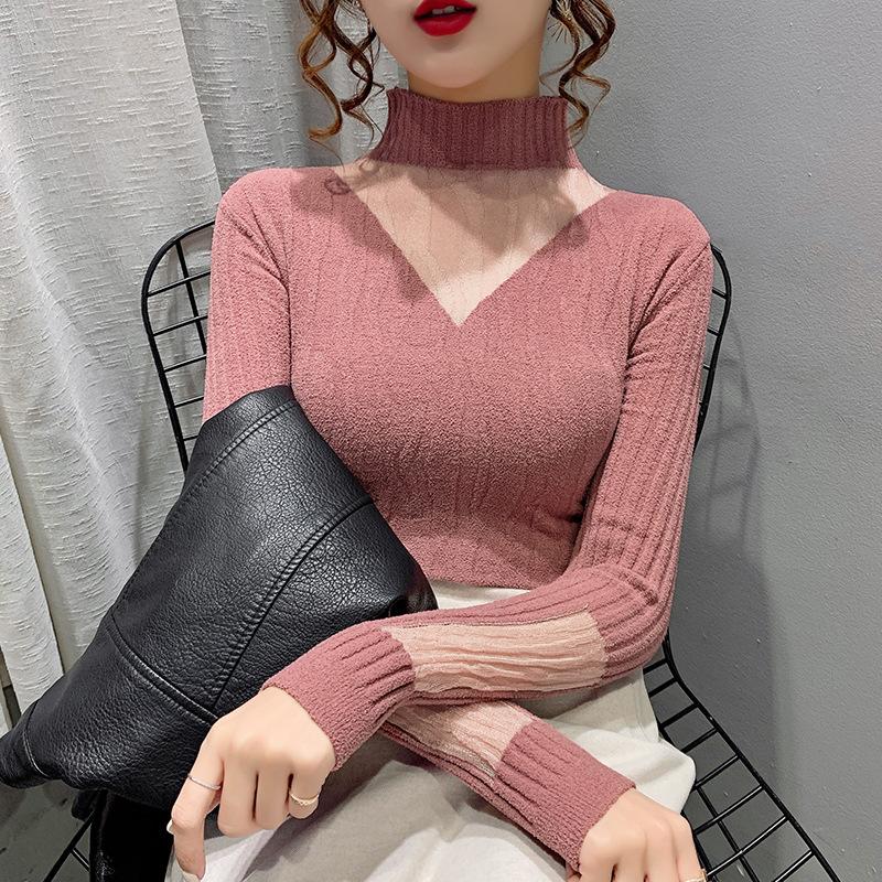 Herbst Neu Schwarz Innen Halbturtleneck Spitze Durchbrochen Langarm Gestrickt Basissweater Damen Oberteil