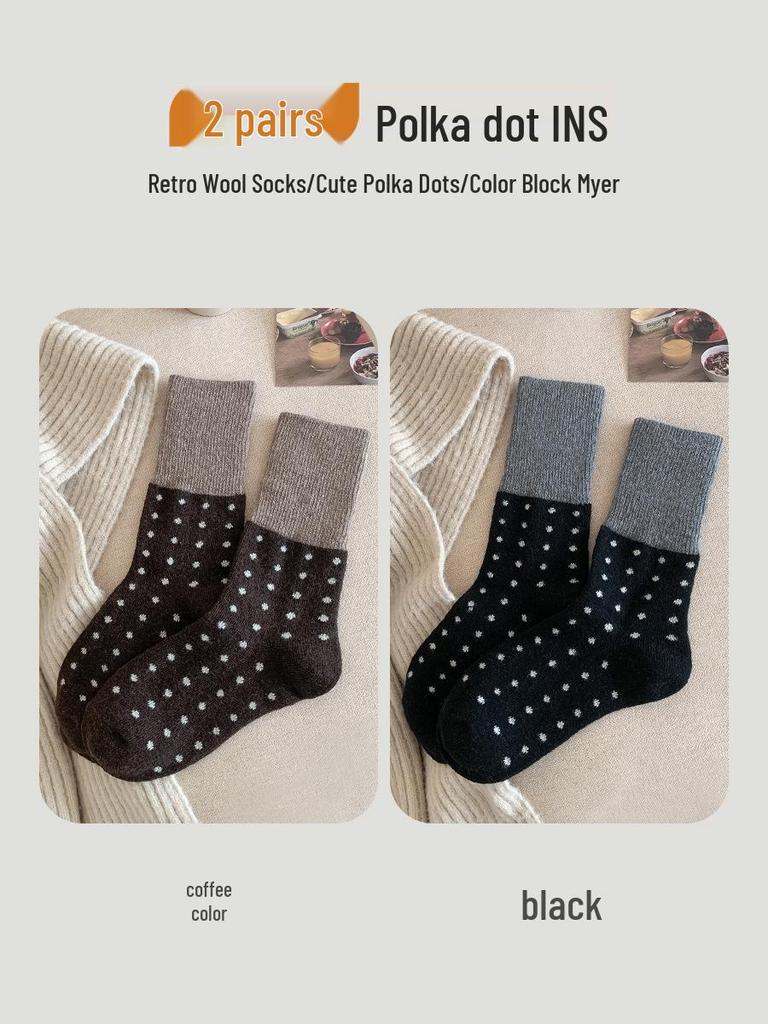 Women's Retro Polka Dot Mid-Calf Cashmere Socks - Warm & Thickened for Autumn/Winter