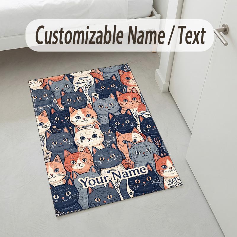 Cats Theme Soft Crystal Velvet Rug Custom Name & Text Print Non Slip Floor Rug for Bedroom Living Room
