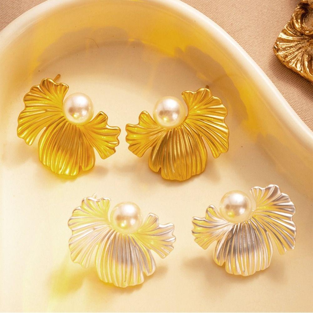 Elegant Pearl Ear Studs Textured Flower Earrings Jewelry Fashion Ginkgo Leaf Earrings  Party
