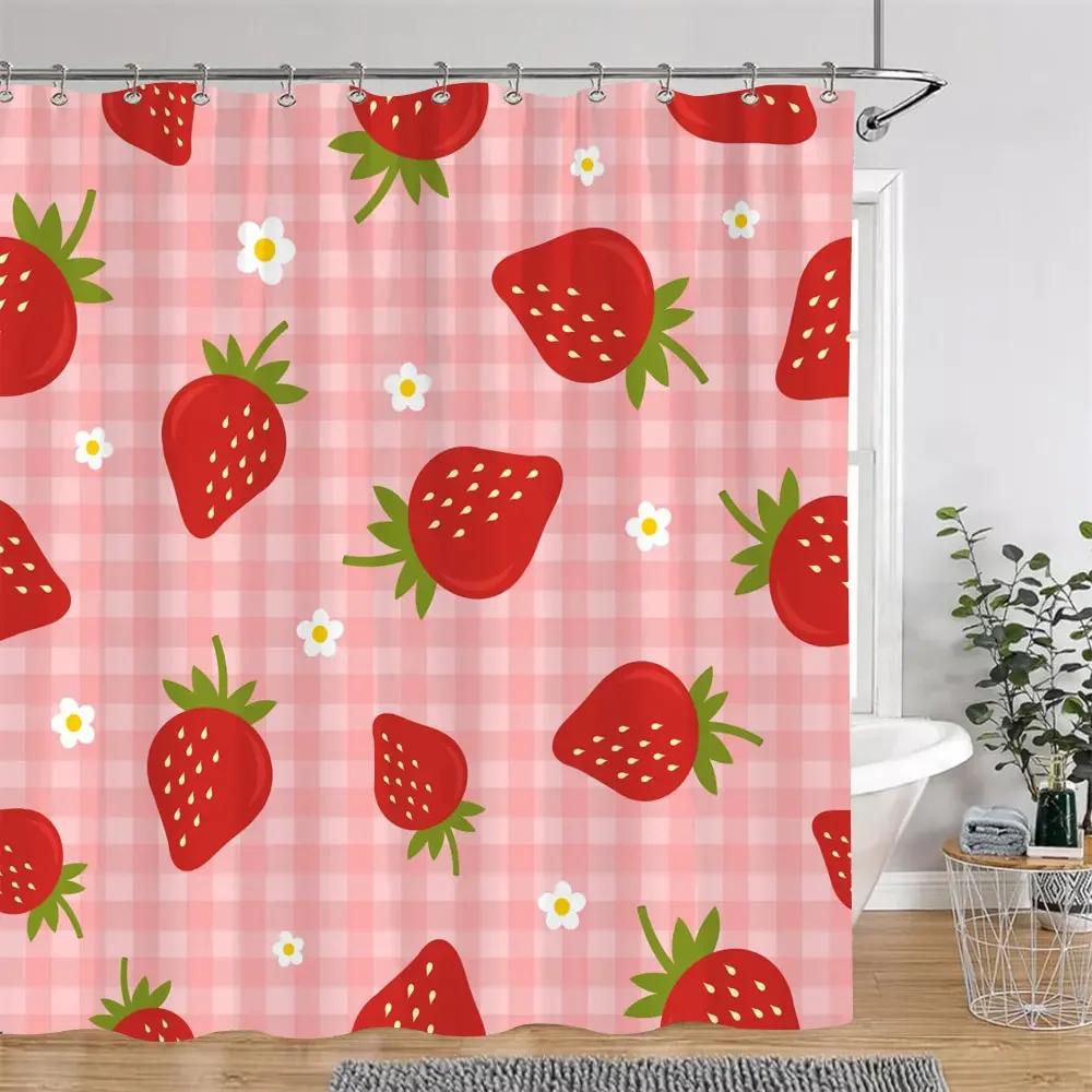 Kirsche Erdbeere Zitrone Pfirsich Fruchtdruck Duschvorhang Polyestergewebe Kinder Badezimmervorhänge Badezimmerdeko mit Haken