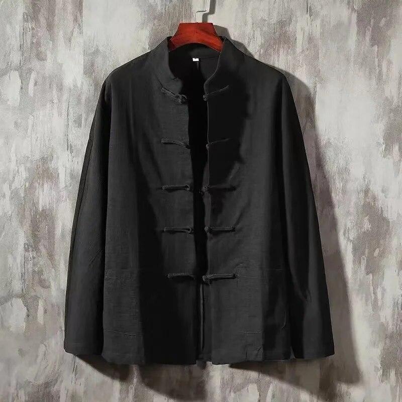 Plus Size Men Cotton Linen Shier Autumn Spring Men Collarless Long Sleeve Frog Button Loose Blouse Tops Oversized