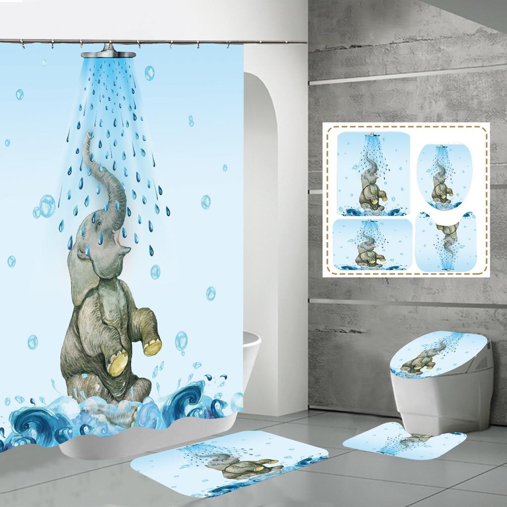 Polyester Elephant 3D Digital Printing Bathroom Personalized Partition Shower Curtain Four-Piece Set