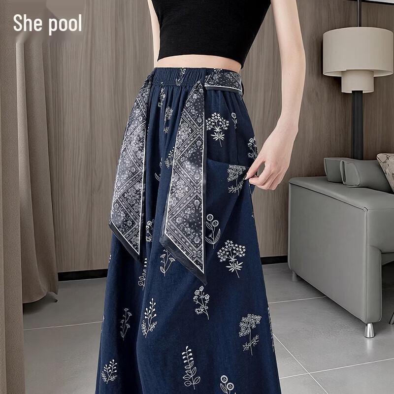 Women s Floral Print Elastic Waist Wide-Leg Pants M