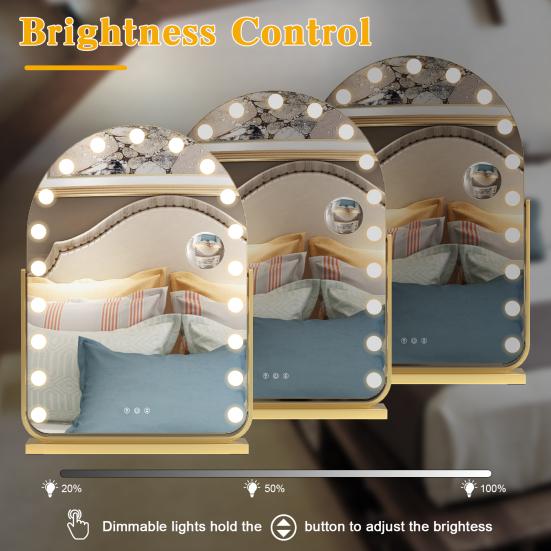 Arch Mirror Vanity with 17 LED Lights, Curved Table Top Makeup Mirror, Anti-Glare Protective Coating Rotatable Base 10x Magnifying Glass, Touch