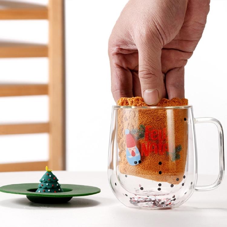 Insulated Christmas Glasswares Holiday Seasonal Coffee Mugs Insulated Glass Cup for Coffee Hot Chocolate