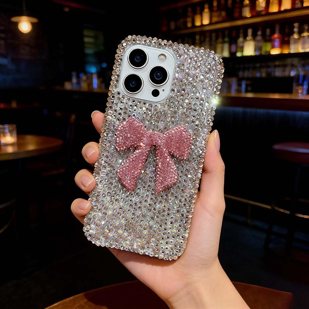 Elegant Diamond Bowknot Phone Case for 17Pro Max, 15Pro, 12, 11, 16, and 15.