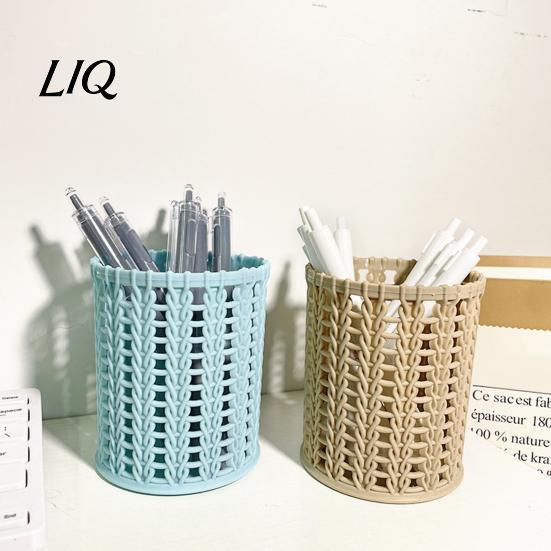 Pencil And Gadget Holder Imitation Rattan Pen Holder, Round Hollow Desk Organizer, Large Capacity Moisture-proof Cup for Pens Pencils Makeup Brushes,