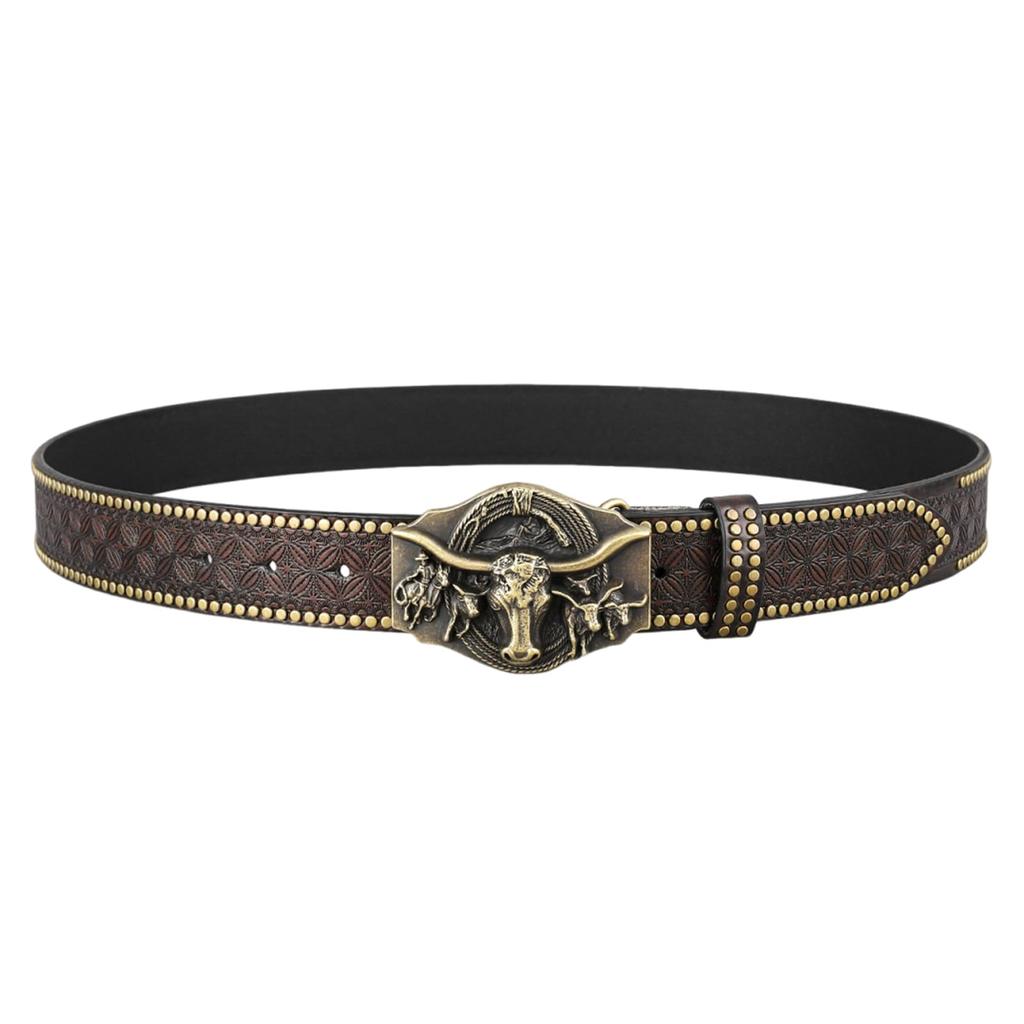 [Lamerry] Western Belt Buckle American Cowboy American Casual Studs Jeans Vintage Cow Men's Women's Brown 115cm