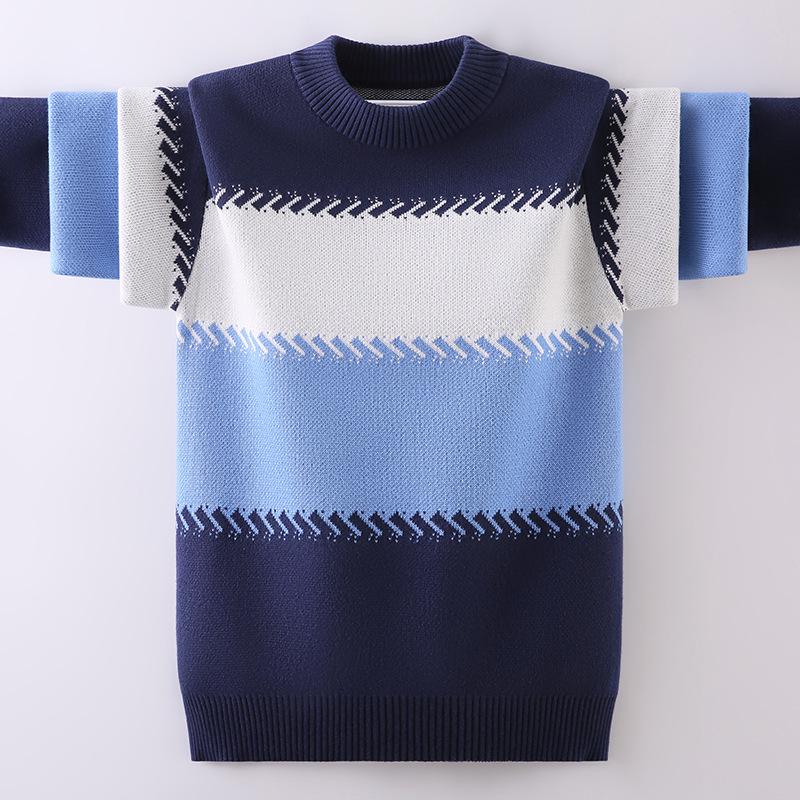Boy's Round Neck Knit Sweater - Pure Cotton, Fleece-Lined for Autumn/Winter