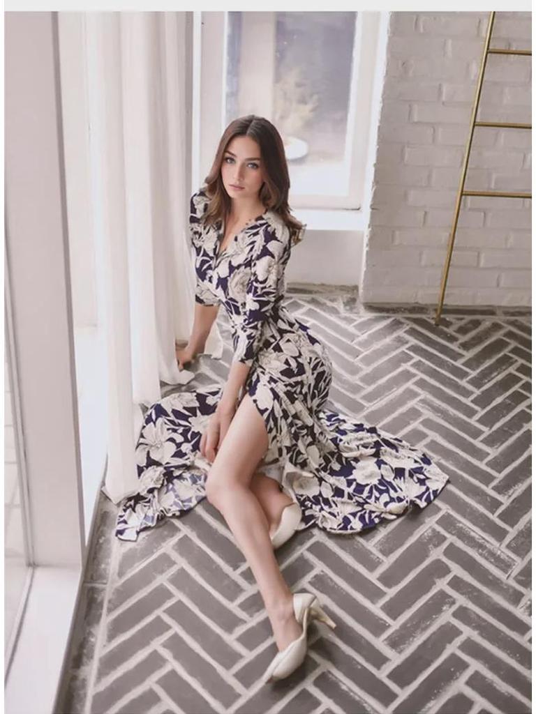 Sukienka kopertowa z szyfonu ze sznurowaniem i rozcięciem w talii - Elegancka długa spódnica