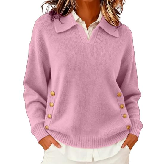 Női pulóver galléros hosszú ujjú laza fazon egyszínű kötött felsők gombokkal zsebekkel őszi téli pulóver felsők