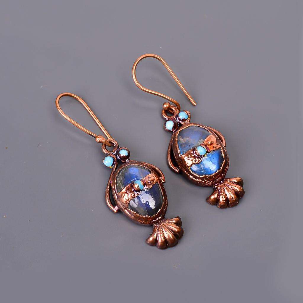 Labradorite Stone Artisan Dangle Drop Electroformed Hook Earrings Jewelry Copper V-112
