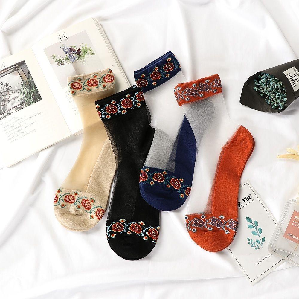 

5 пар чулок с кристаллами на хлопковой подошве и прозрачном тонком дизайне из стекловолокна, противоскользящие и дышащие носки для женщин 5 Pairs