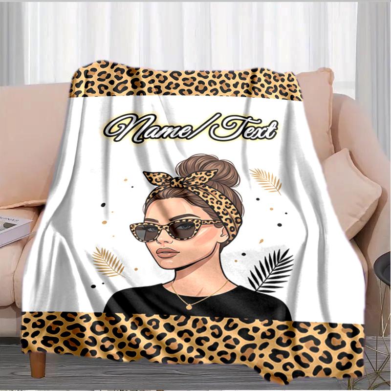 1PC Custom Name Leopard Fashion Portrait outdooor Flannel blankets Throw Blanket All-Season Throw Gift Bedspread for Couch, Bed, Camping Holiday Birth