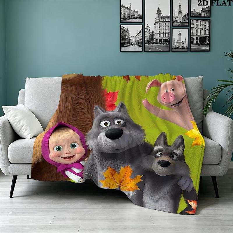 Cartoon Masha Bear Print Flannel Blanket High Quality Warm Comfortable Cover for All Seasons Perfect for Gifts Home Decor