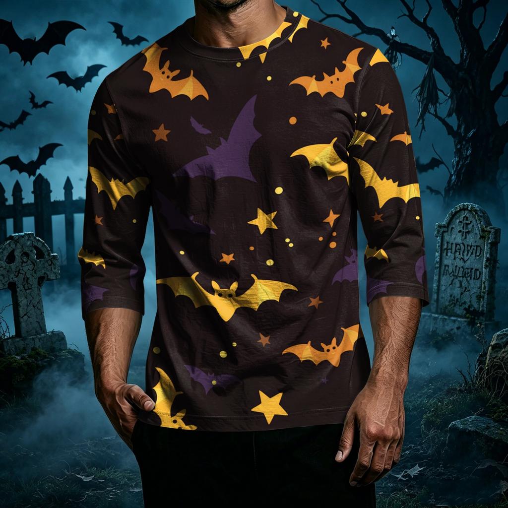 Men Casual Halloween Print Raglan Sleeve T Shirt Crew Neck Three Quarter Sleeve Top Lightweight Comfortable Fit
