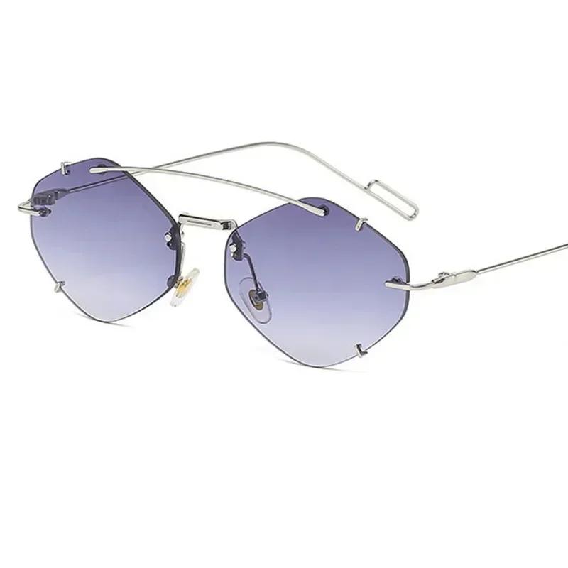 Fashion Rimless Polygonal Sunglasses Women Double Bridge Glasses Retro Sunglass Luxury Designer Eyewear UV400 Sun Glass Shades
