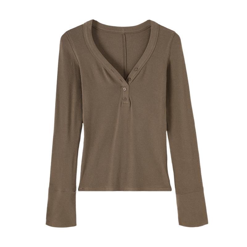 In Stock: Coffee V-Neck Button Base Layer T-Shirt - Autumn 2026 Cropped Top for Women
