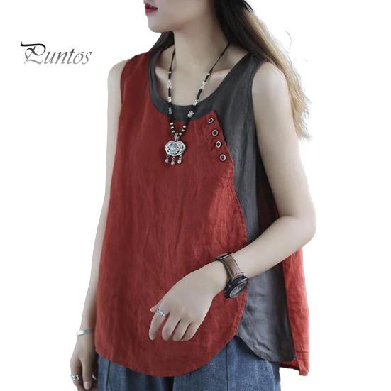 Summer Blouse Women Tank Top Contrast Color Patchwork Round Neck Sleeveless Thin Match Pants Casual Vintage Plus Size Lady T-shirt Clothes