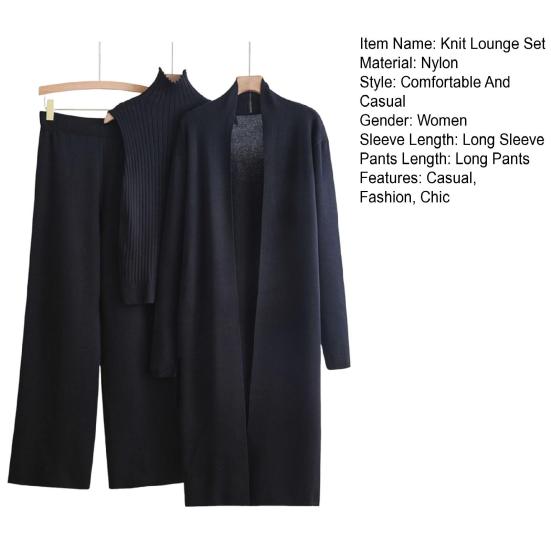 Women's Piece Cardigan Knit Lounge Set 3 Elastic Waist Wide Leg