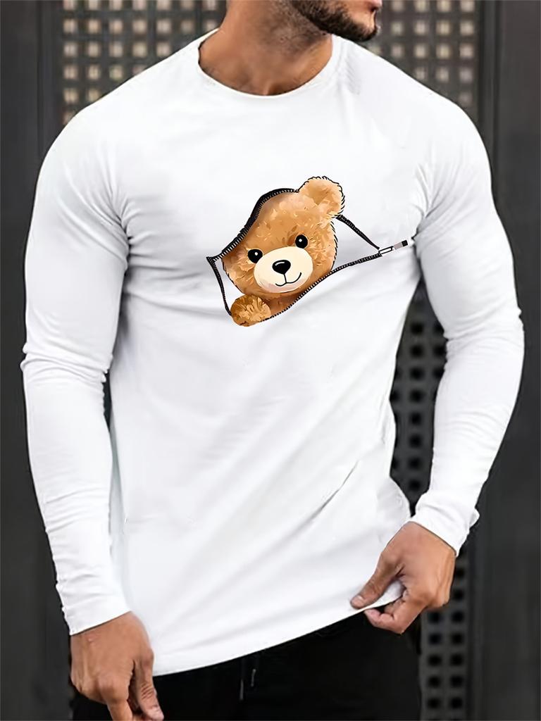 Trendy Zipper Bear Graphic T Shirts For Men Fashion Streetwear 3D Printed Long Sleeve Tshirts Loose Harajuku Hip Hop Tees Tops