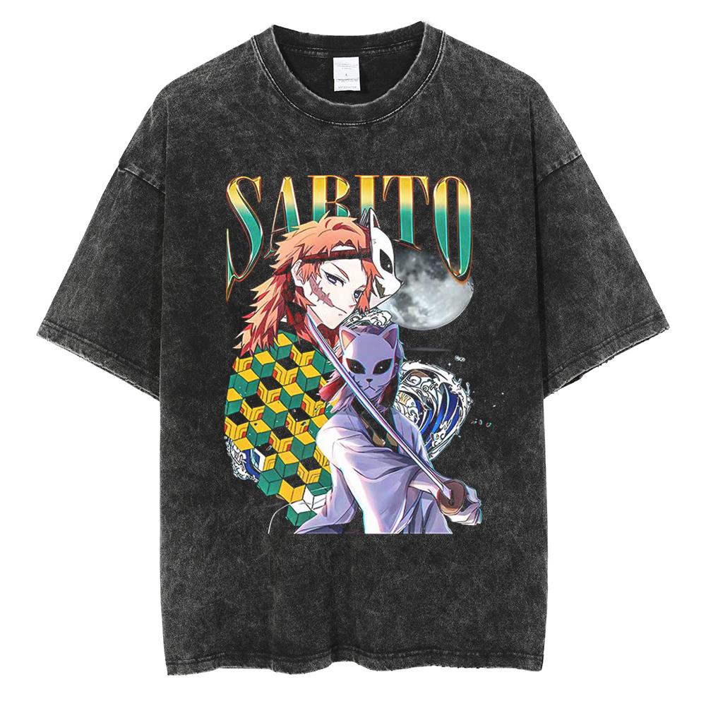 Heißes Anime Demon Slayer Kamado Tanjirou Print T-Shirt Herren Vintage Gewaschene T-Shirts Lässiges Baumwoll-T-Shirt Harajuku Männlich Manga T-Shirt