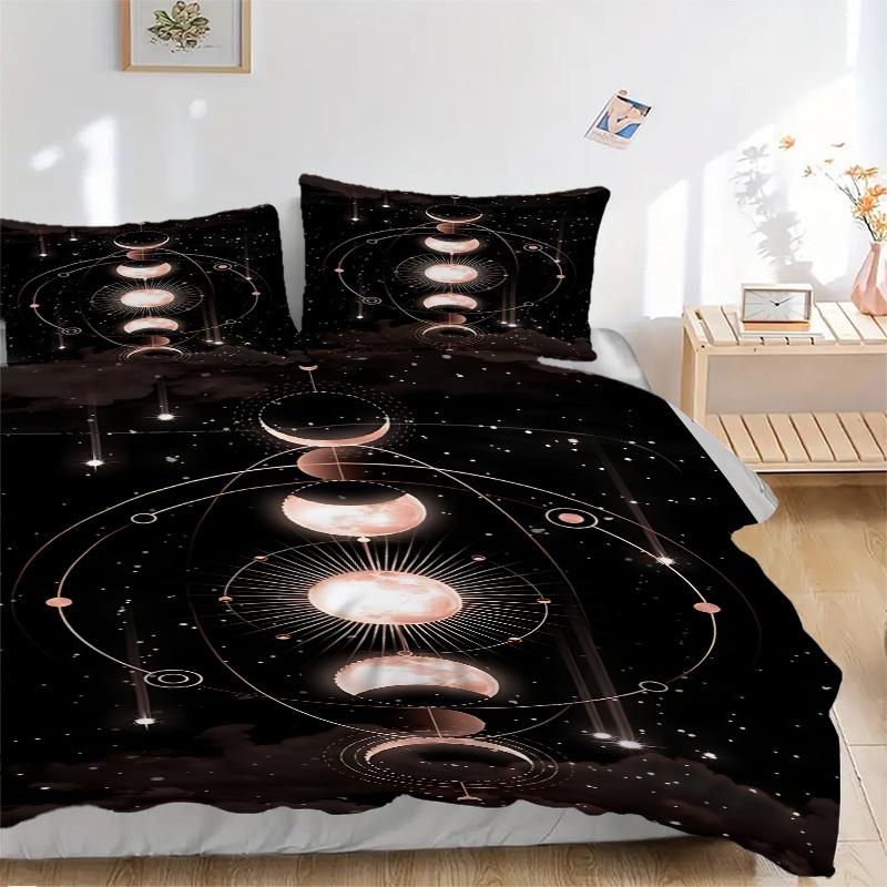 3pcs Moon Phases Celestial Bedding Set, Includes Without Pillow Inserts, Soft Comfortable Bedding Set,All-Season Use a0924098