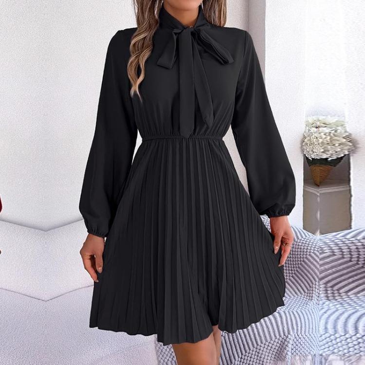 Elegant Høst Vinter Dame Snøring Høy Midje Langermet Plissert Ensfarget Kjole